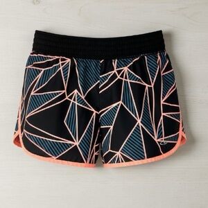 Champion Women's Black Athletic Shorts with Coral Trim and Blue Geometric Print